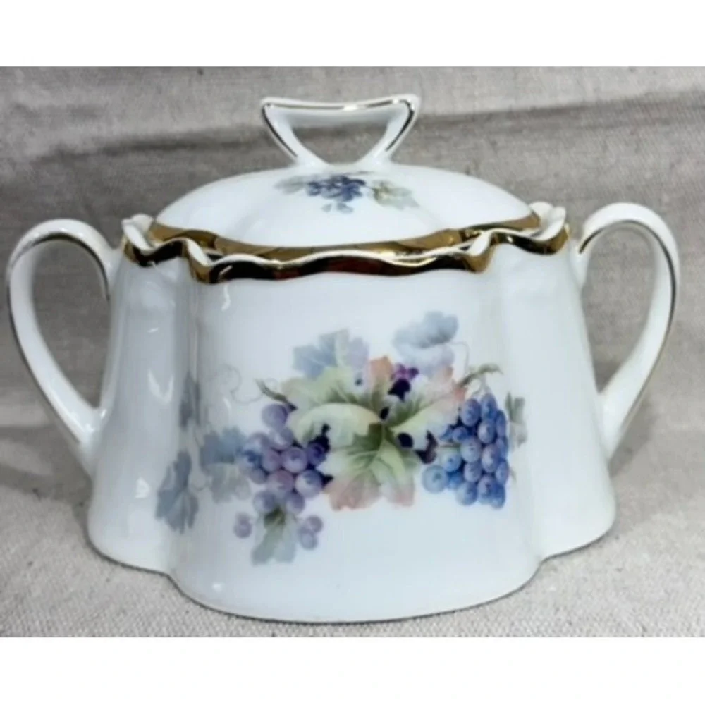 Antique ZS & Co Bavaria Porcelain Sugar Bowl and Creamer Set Gilt Grapes c. 1900